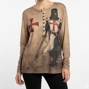 Templar Knight Crusader Long-Sleeve Women's Henley Shirt T-Shirt Size L